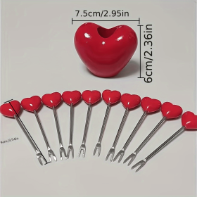 10pcs; Love Fruit Forks; Stainless Steel Cake Fork Set; Home Snacks Tableware Set; Kitchen Household Items; Valentine's Day Party Favors