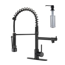 New Single Lever Kitchen Faucet with Base Plate, 304 Stainless Steel with Copper Pump Head Soap Dispenser with Pull Down Kitchen Faucet Black